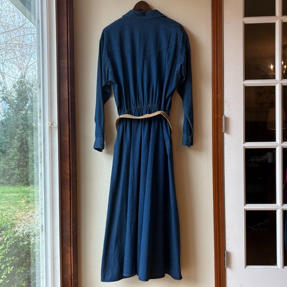 VTG 80s Denim Maxi Dress Long Sleeves Pockets Collared Front Button Sz L Prairie - Picture 5 of 10